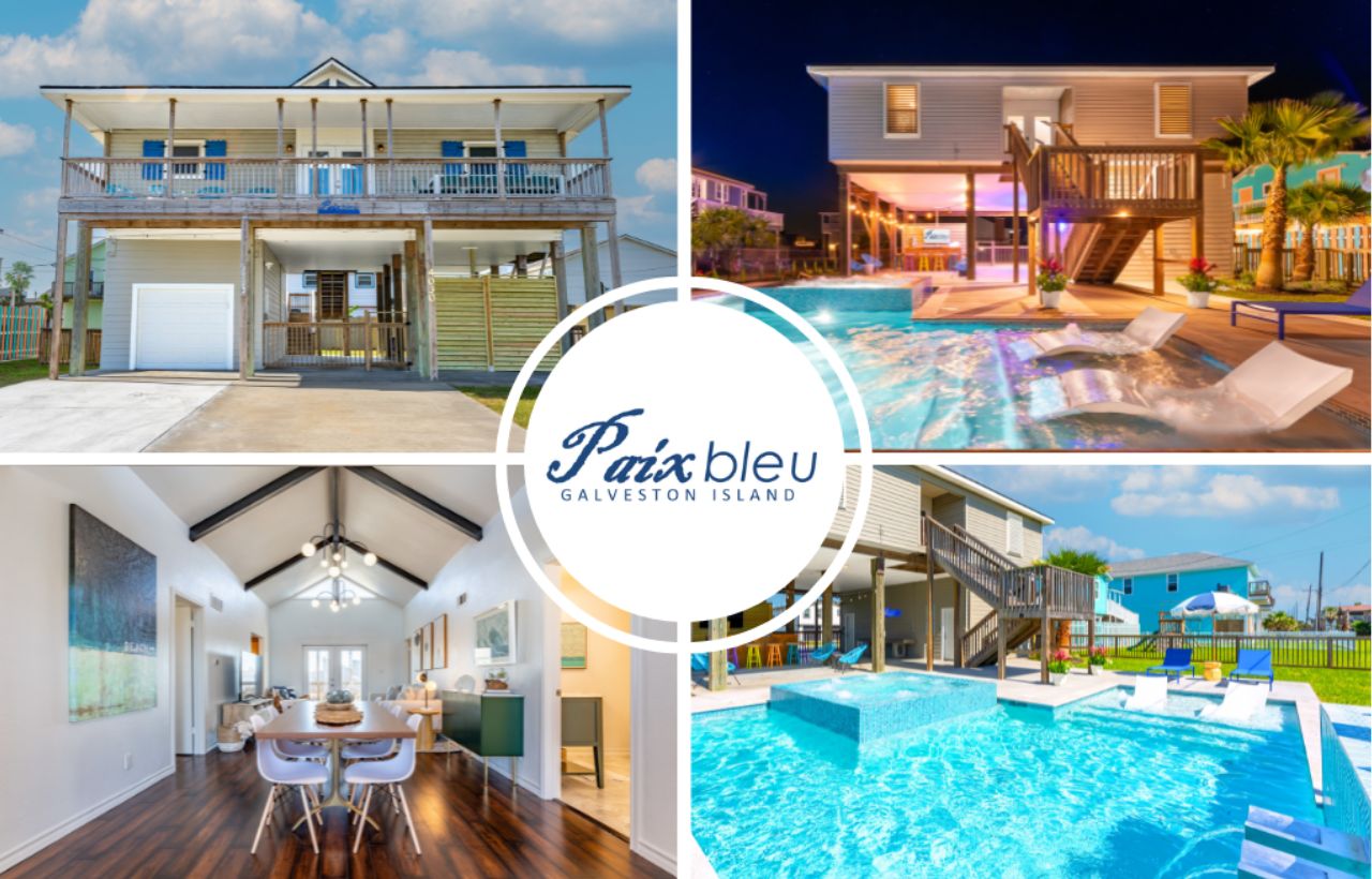 Photo montage of a vacation rental Paix Bleu showing the exterior, pool and dining room